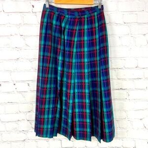 Vintage Christmas skirt plaid pleated green blue red size 12 wool lined cottage